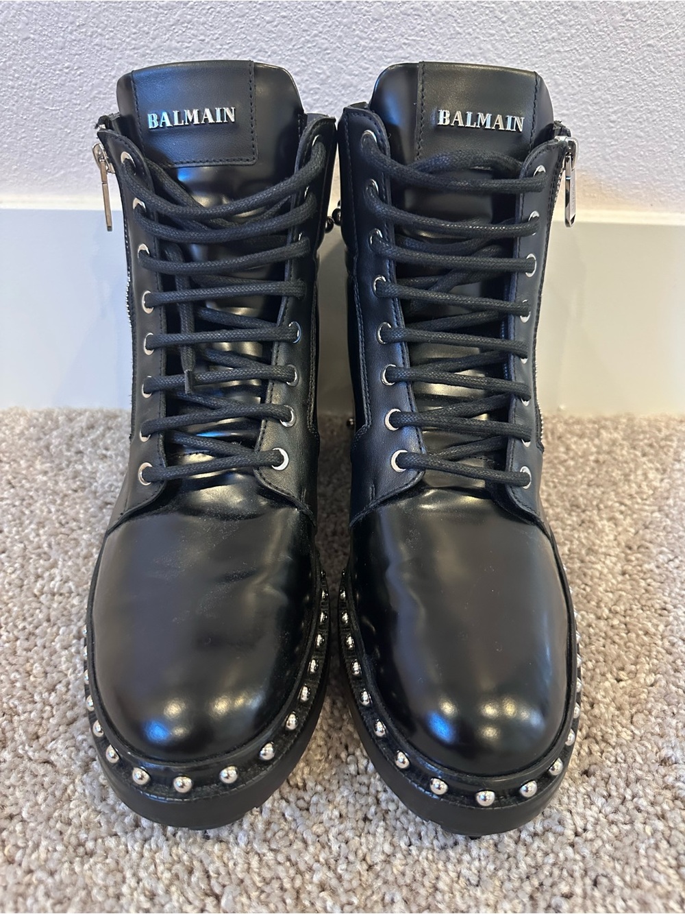 Balmain Black Army Ranger Leather Stud-Trim Lace-Up Boots